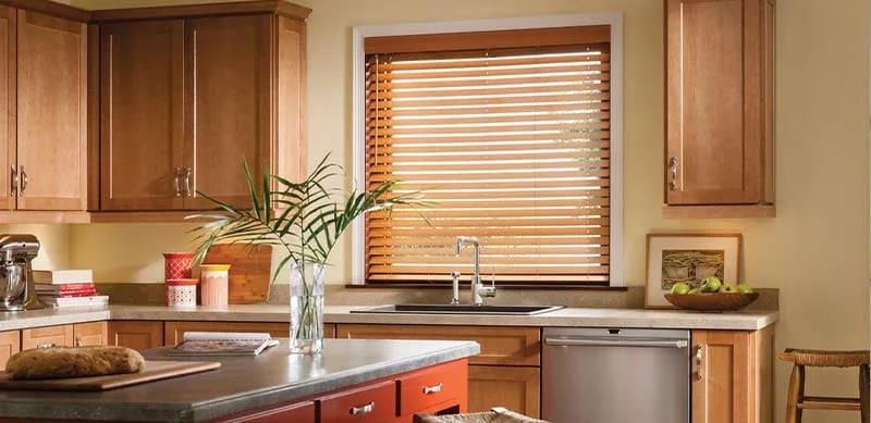 Wood blinds across an interior window
