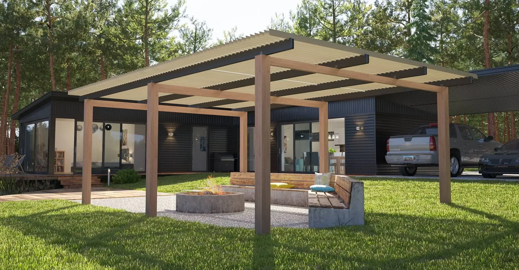 Louvered patio cover over a patio seating area