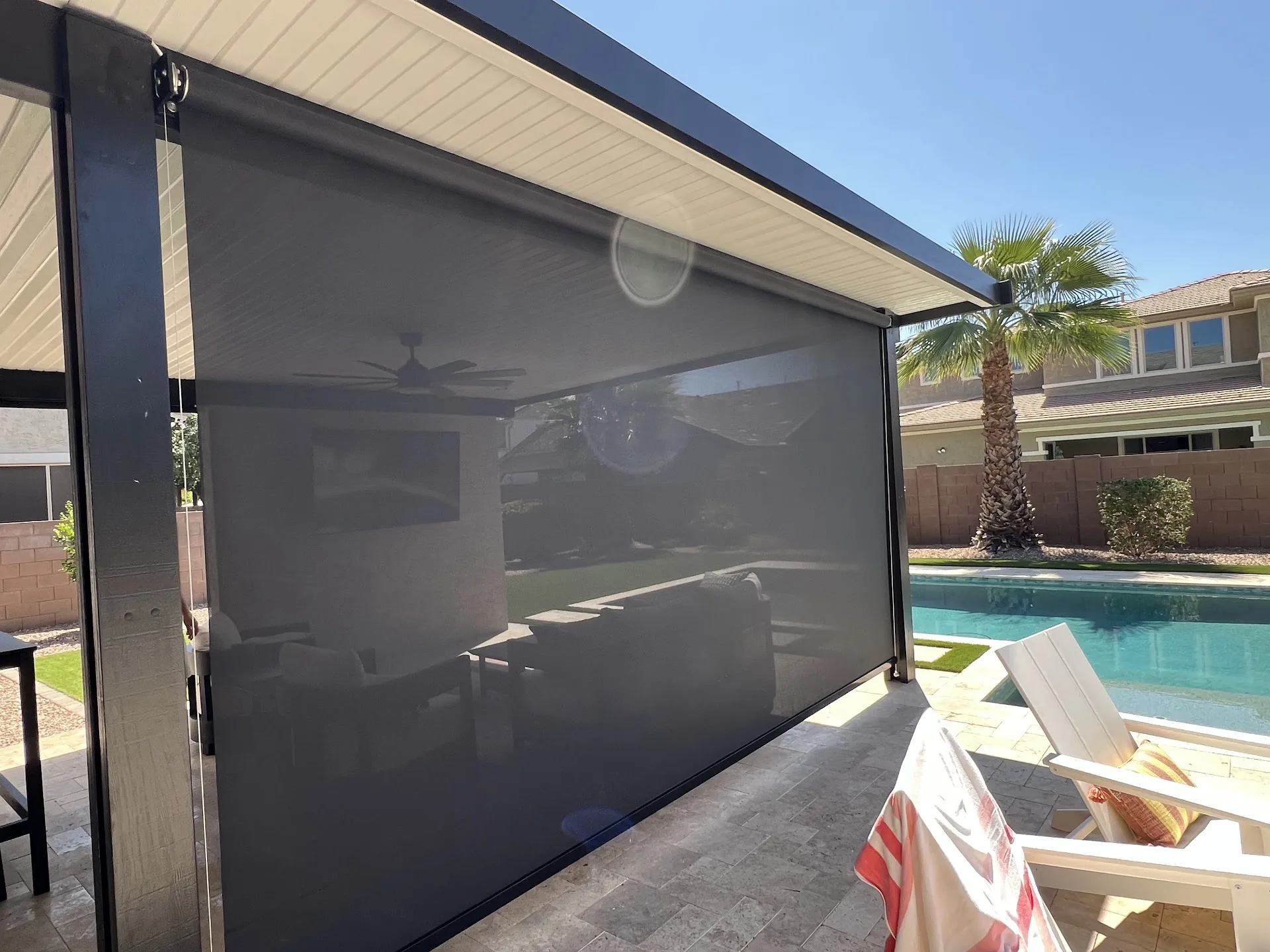 Exterior solar screen installed by A to Z Shades and Shutters in Mesa, AZ, serving the Phoenix metro area (project photo screens cabled 9)