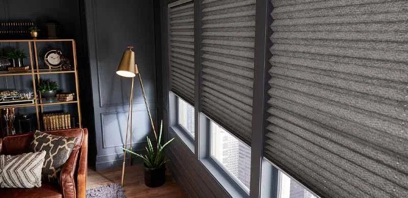 Pleated shades drawn across a window
