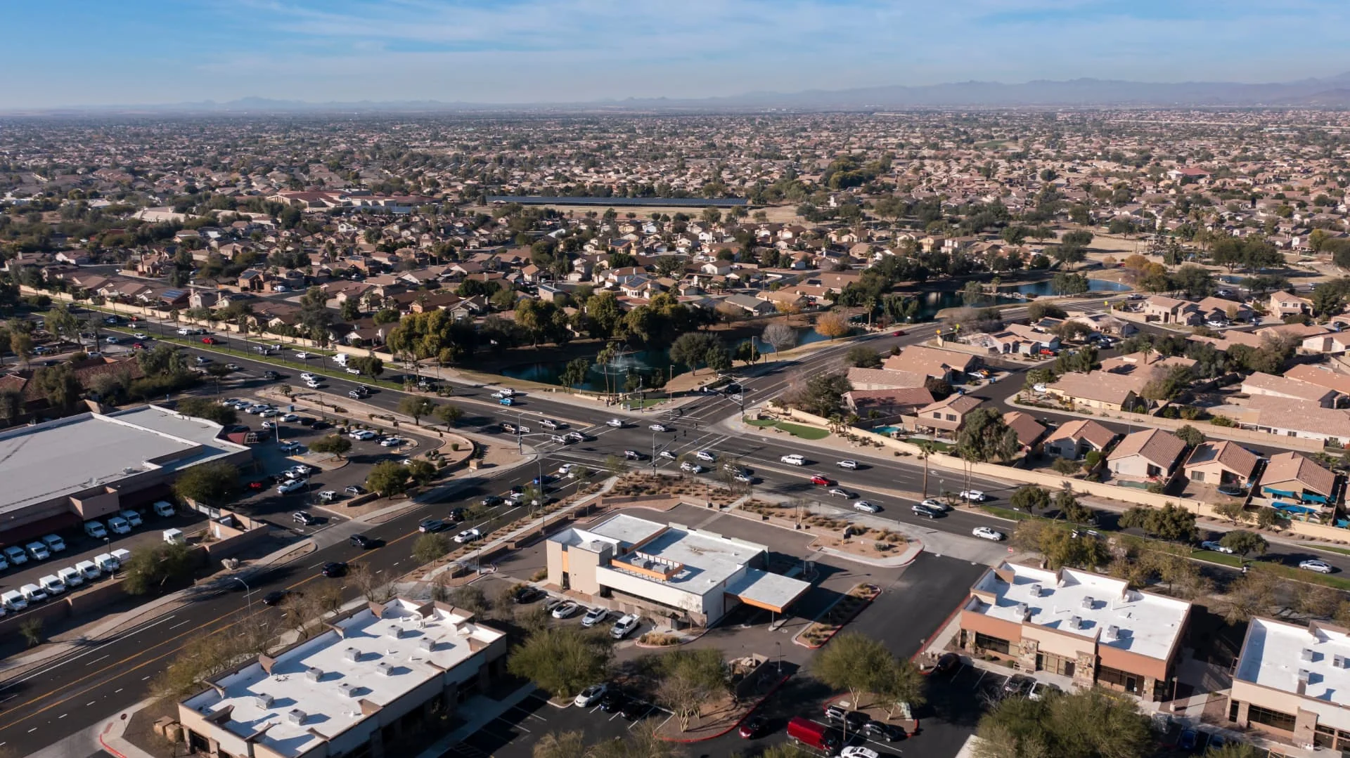 Aerial view of Surprise, Arizona neighborhoods and lake