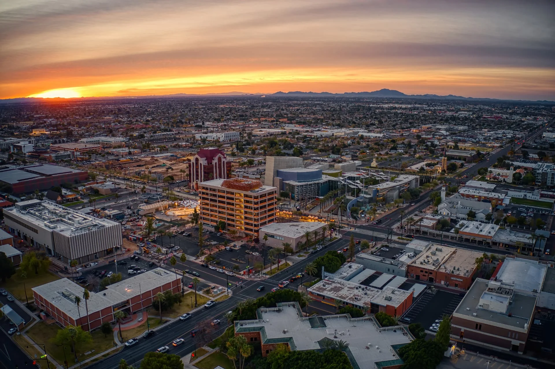 Aerial view of downtown Mesa, Arizona at sunset