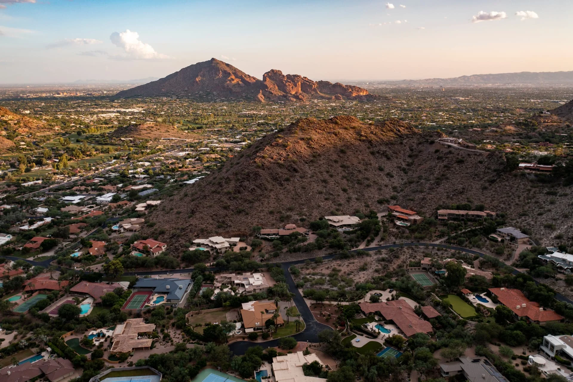 Scottsdale, Arizona hillside homes with Camelback Mountain beyond