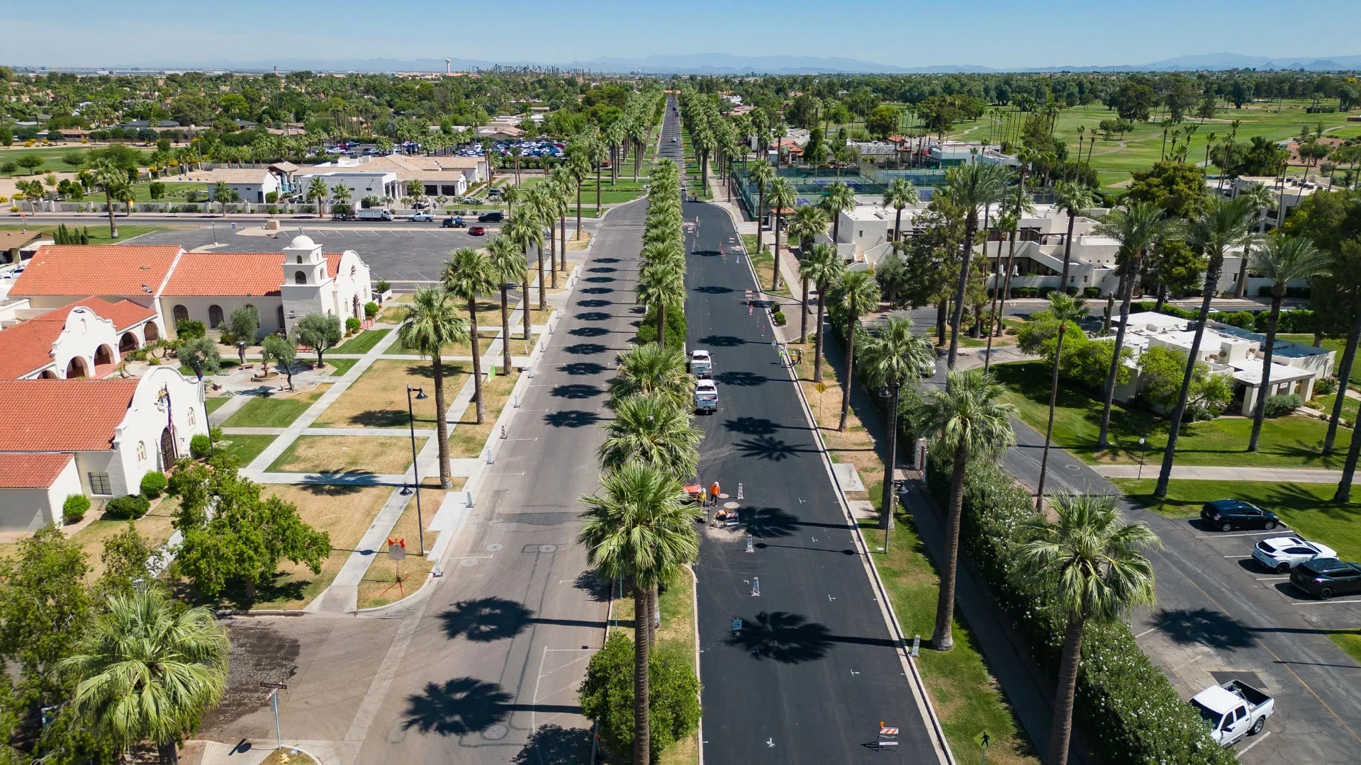 Palm-lined road and parkland in Litchfield Park, Arizona