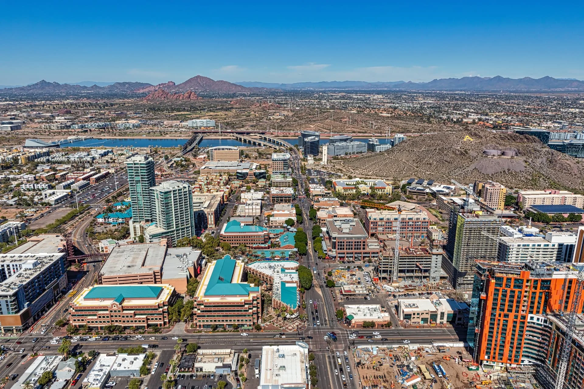 Aerial view of downtown Tempe, Arizona and Tempe Town Lake