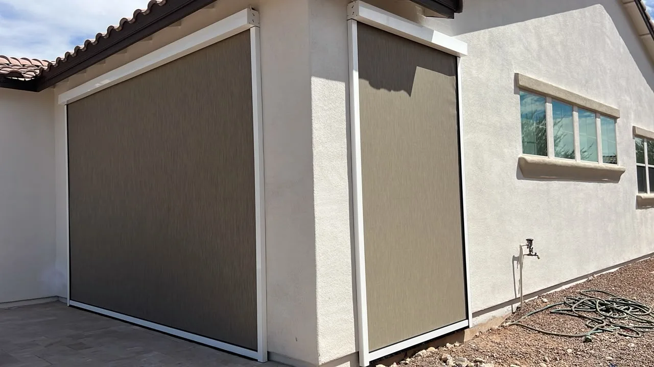 Exterior solar screen installed by A to Z Shades and Shutters in Mesa, AZ, serving the Phoenix metro area (project photo screens track 27)