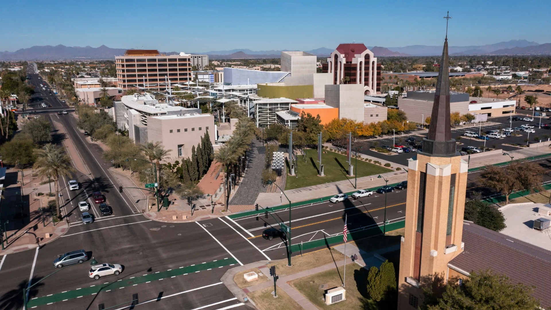 Downtown Mesa, Arizona arts center and shade sails from above