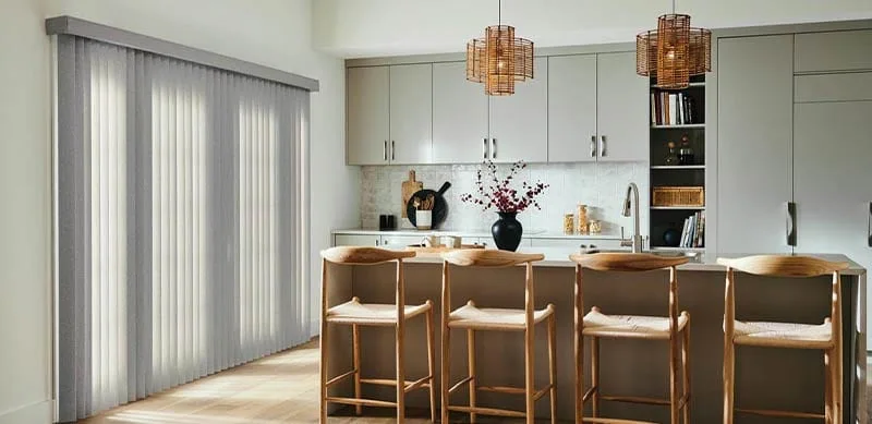 Vertical blinds in a kitchen and dining space