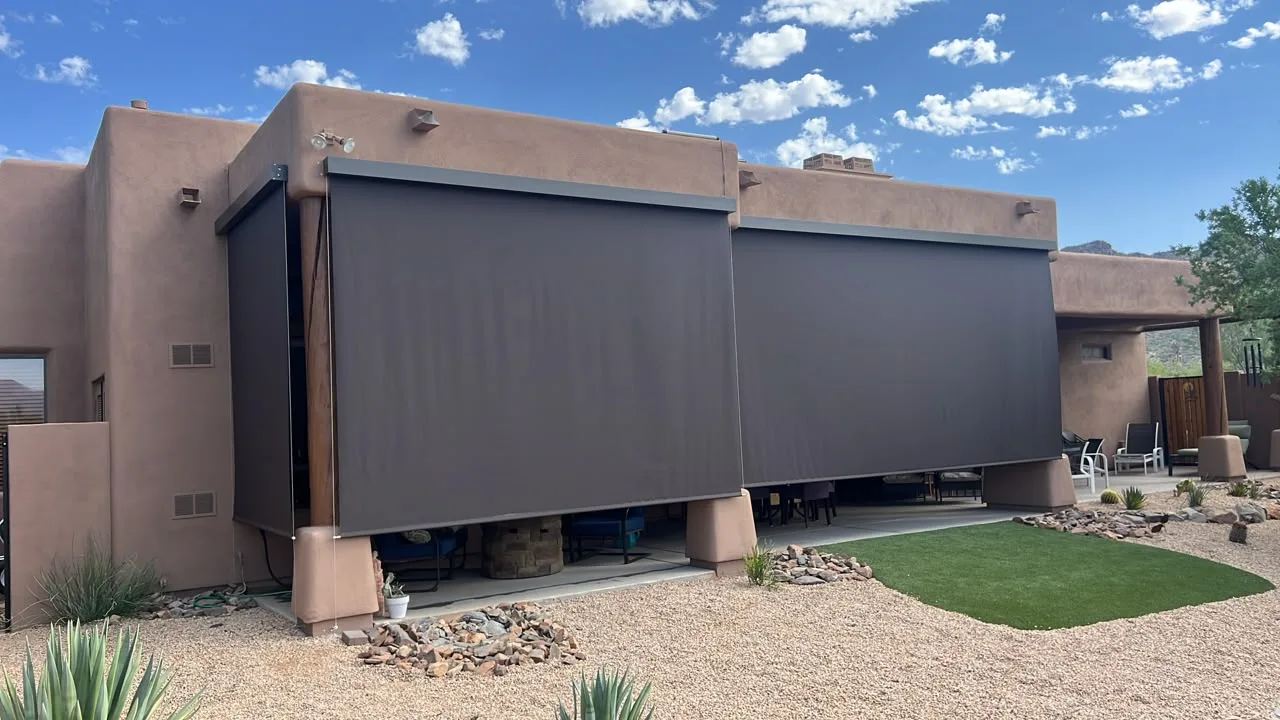 Exterior solar screen installed by A to Z Shades and Shutters in Mesa, AZ, serving the Phoenix metro area (project photo screens cabled 13)