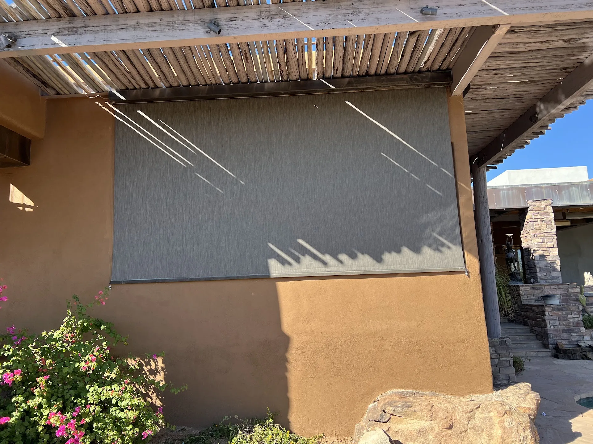 Exterior solar screen installed by A to Z Shades and Shutters in Mesa, AZ, serving the Phoenix metro area (project photo screens cabled 3)