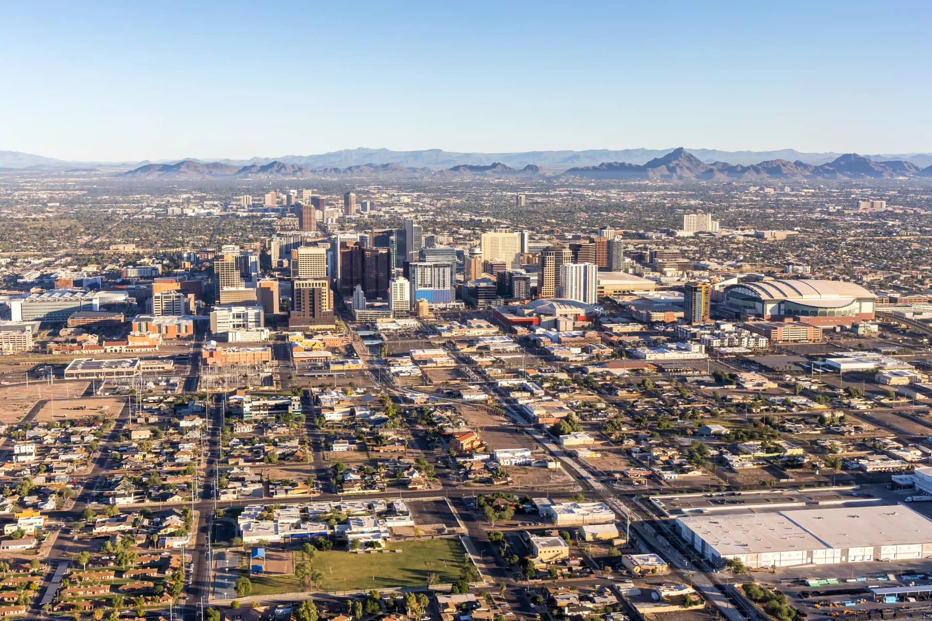 Aerial view of the Phoenix, Arizona cityscape