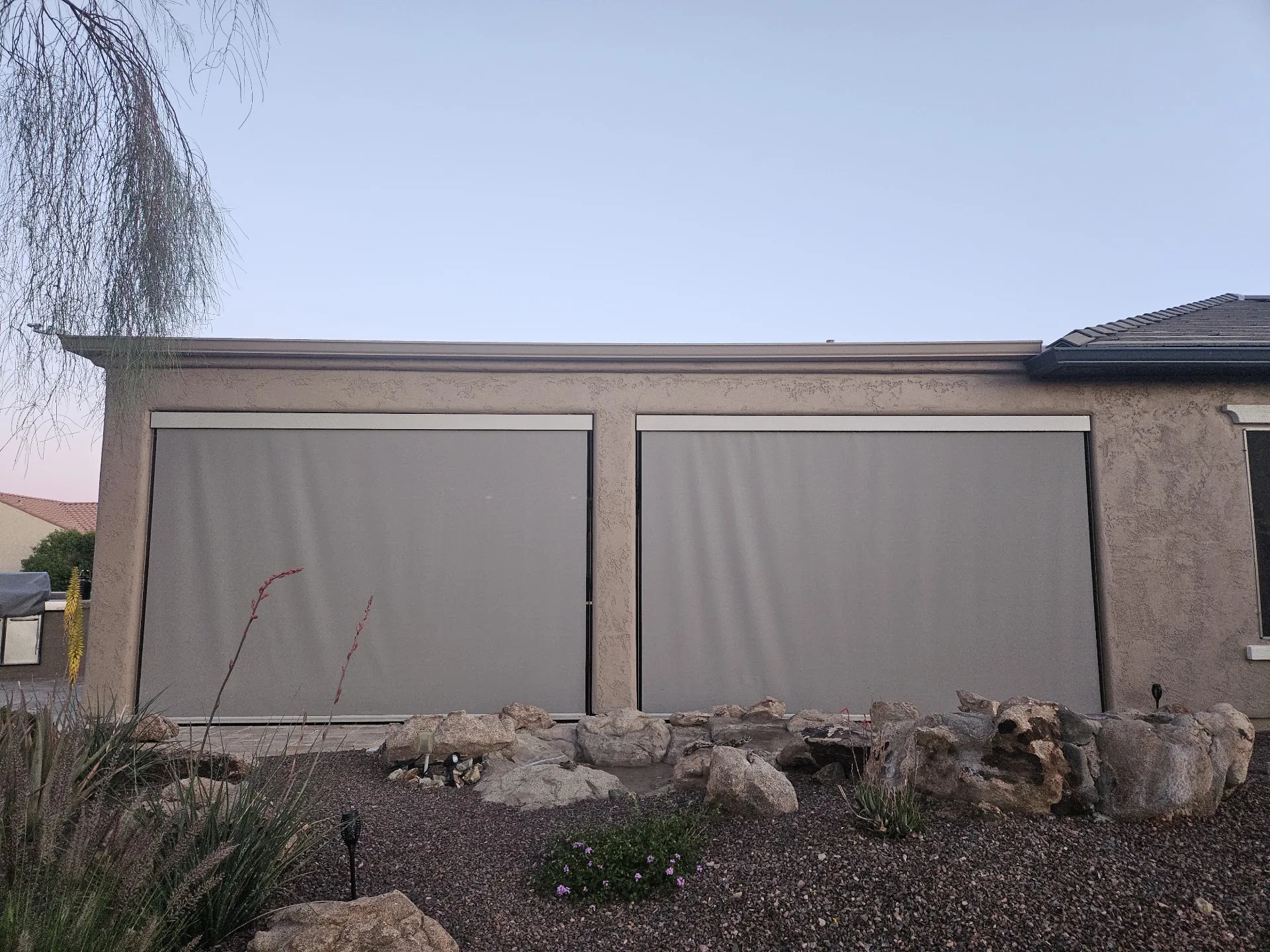 Exterior solar screen installed by A to Z Shades and Shutters in Mesa, AZ, serving the Phoenix metro area (project photo screens cabled 27)