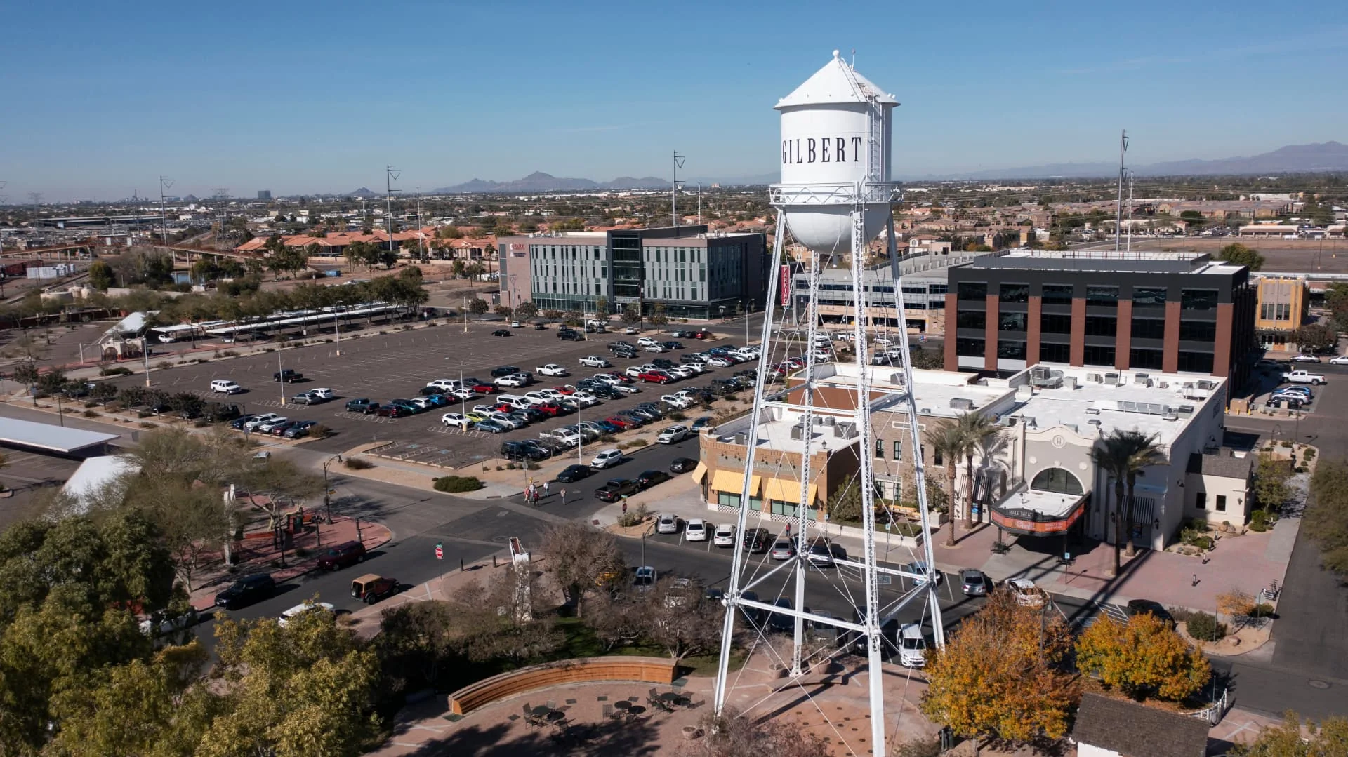 The historic Gilbert water tower above downtown Gilbert, Arizona