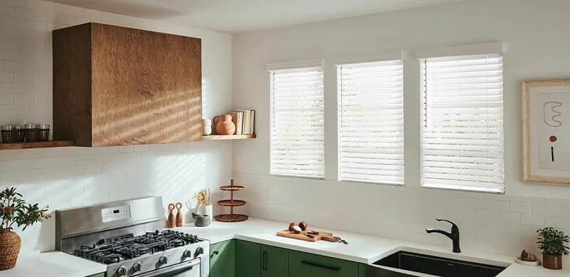 Faux wood blinds in a residential room