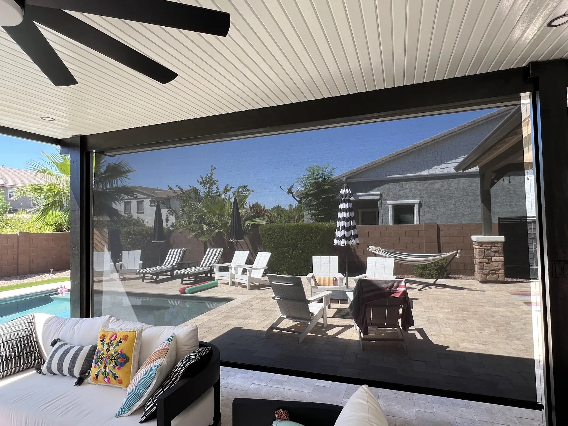 Exterior solar screen installed by A to Z Shades and Shutters in Mesa, AZ, serving the Phoenix metro area (project photo screens cabled 22)
