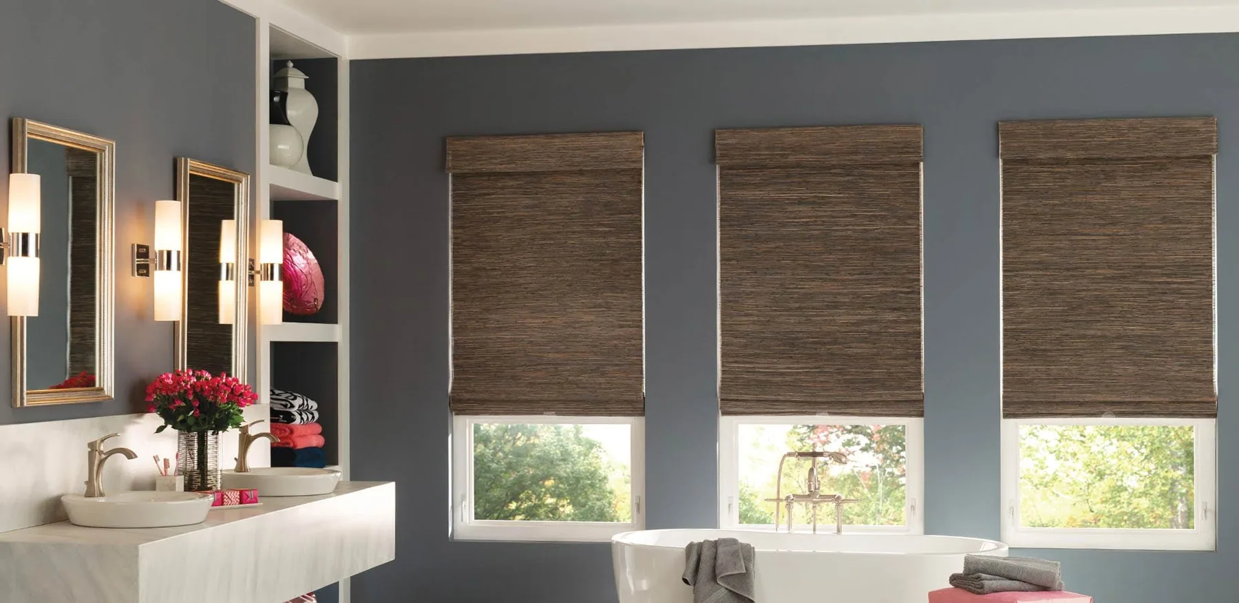 Natural woven wood shades on an interior window