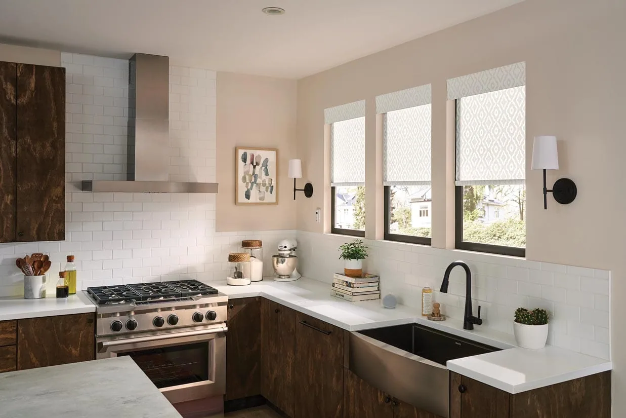 Blinds installed across a kitchen window
