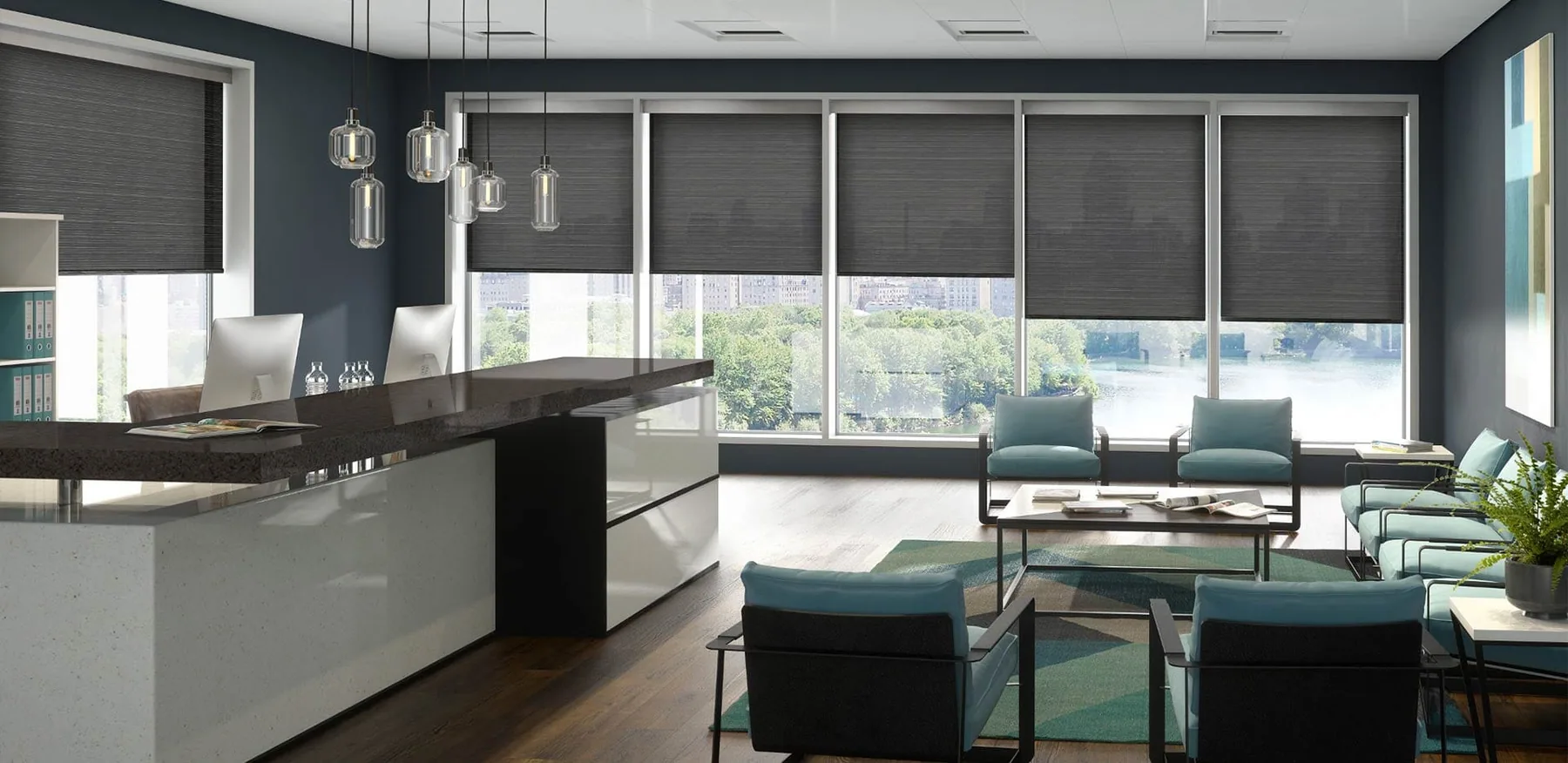 Solar shades reducing glare in a sunlit room
