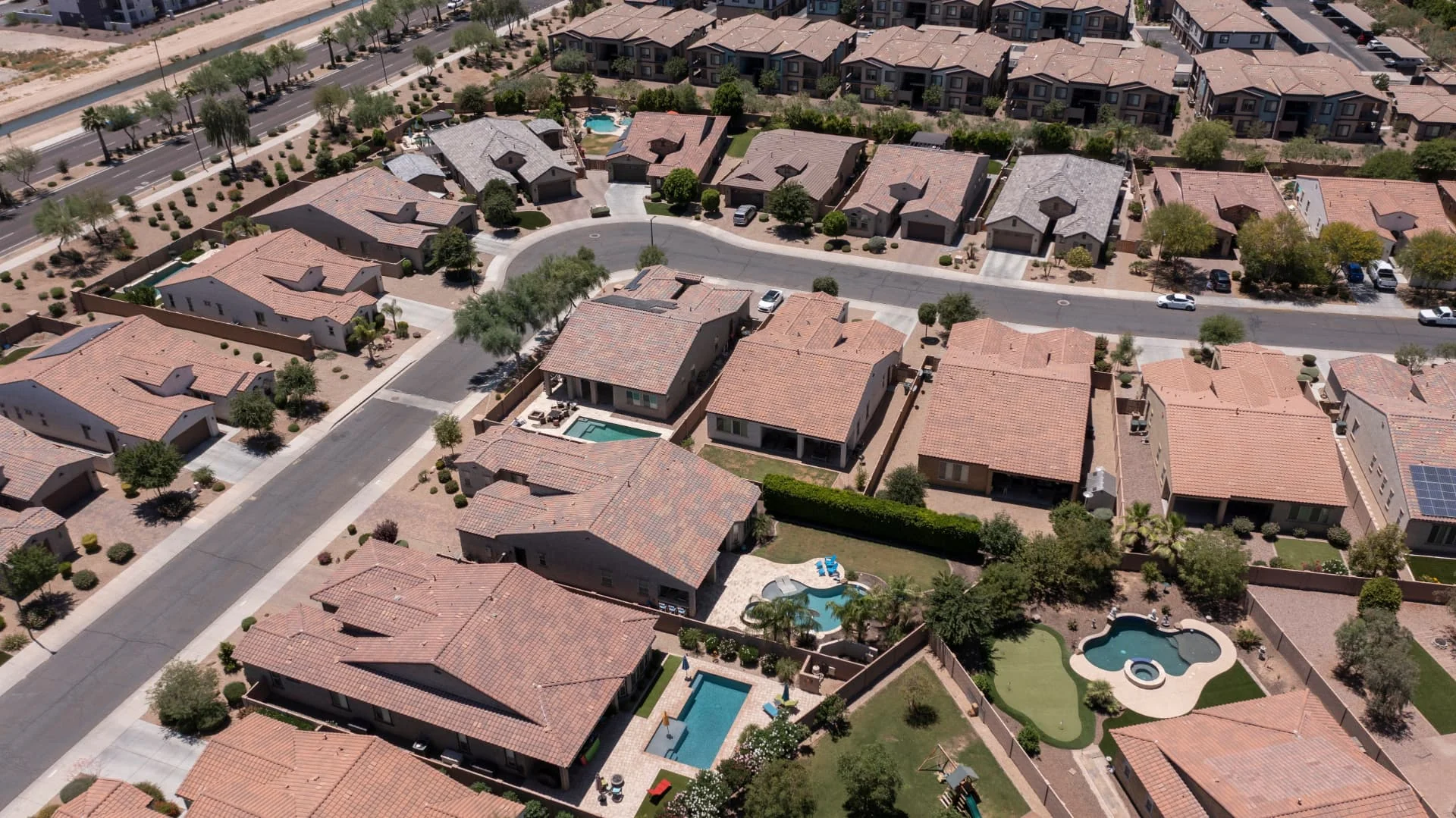 Aerial view of Goodyear, Arizona homes with backyard pools