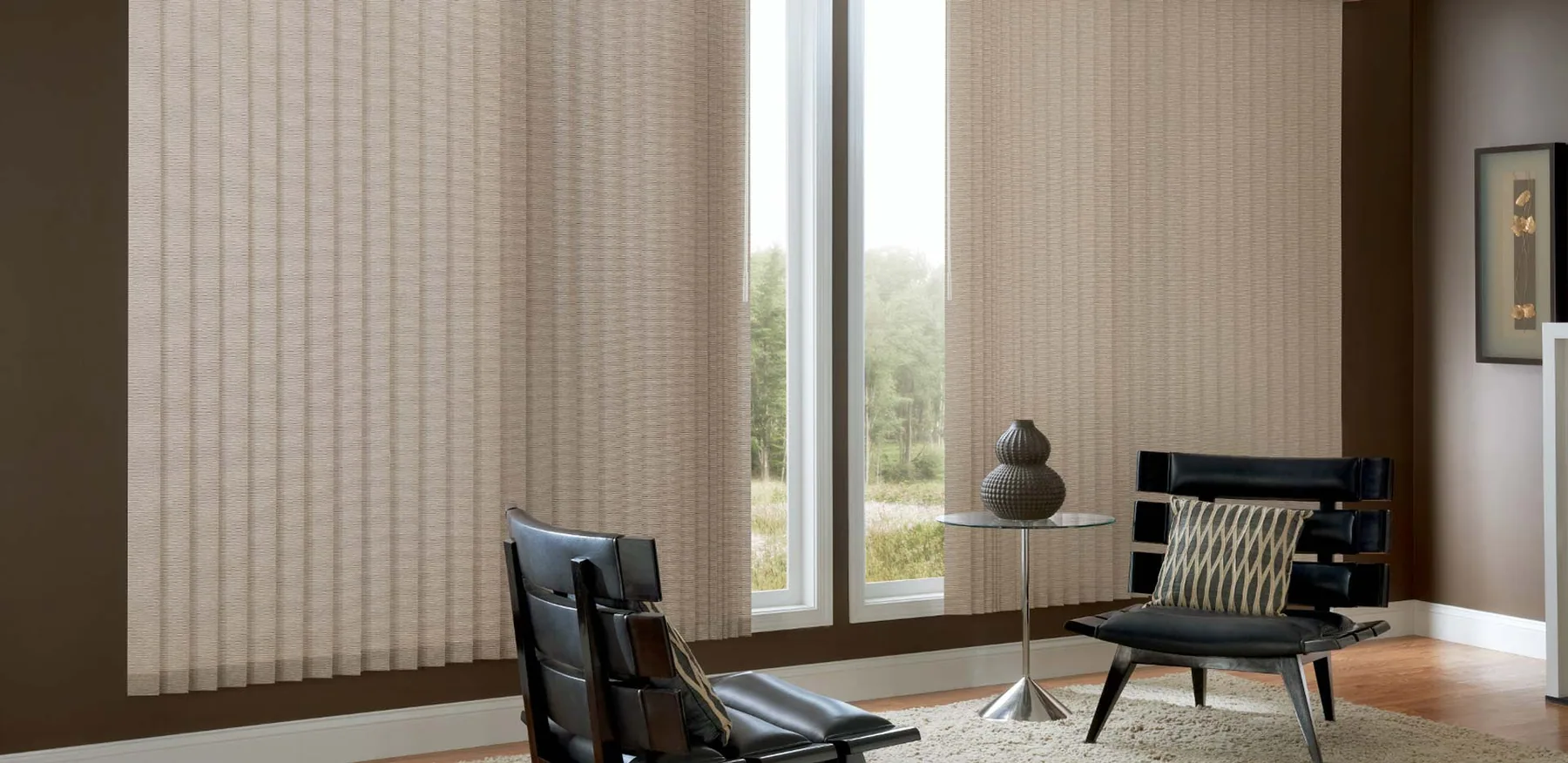 Vertical blinds covering a sliding glass door