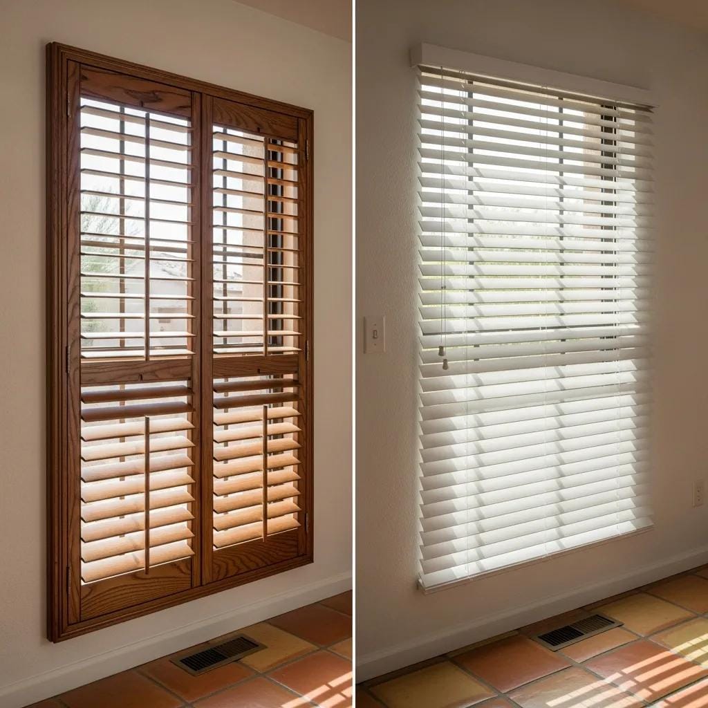 Comparison of custom shutters and standard window blinds in an Arizona home illustrating design differences