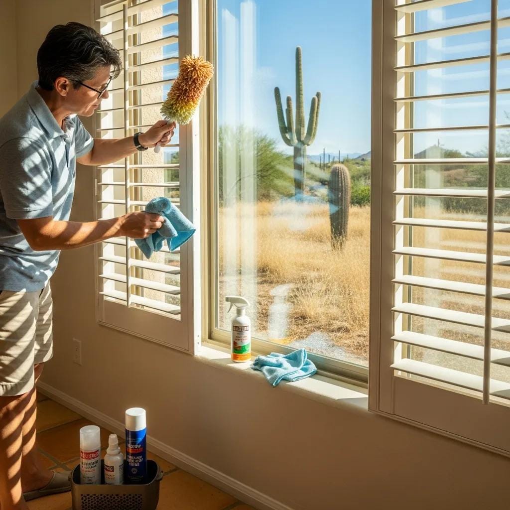 Homeowner performing seasonal maintenance on shades and shutters, highlighting the importance of upkeep in Arizona's climate