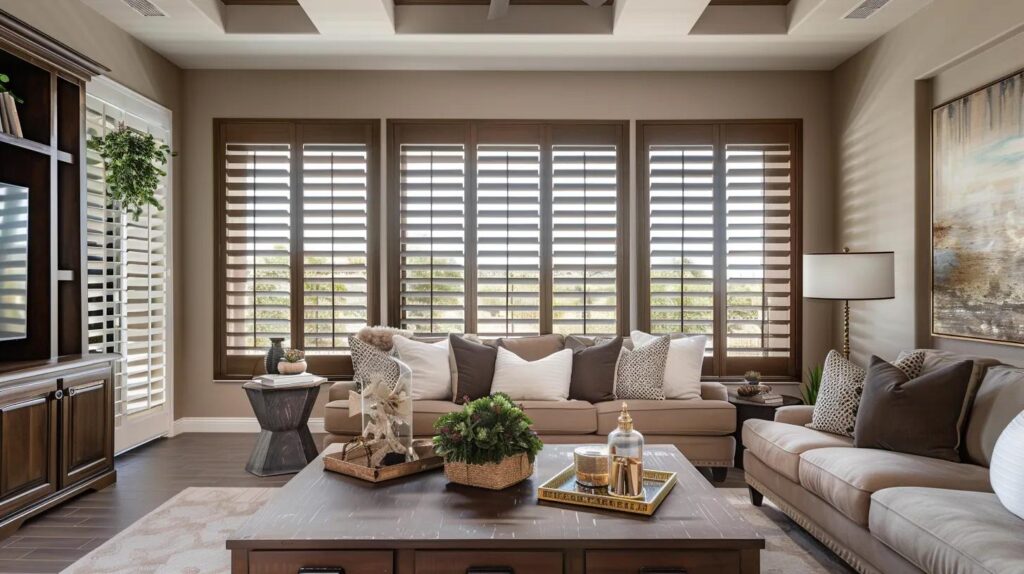 Elegant solid wood shutters in a warm living room setting, highlighting craftsmanship and Arizona's natural beauty
